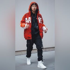 AAPE Windbreaker Jacket Red Camo Size XS Hooded Zip BAPE
